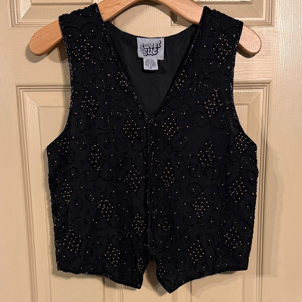 Vintage Black and Gold Beaded Women's Vest Top
